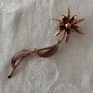 VINTAGE Unsigned Long Copper Brooch Flower Stem Leaves 70's Mid-Century Chic